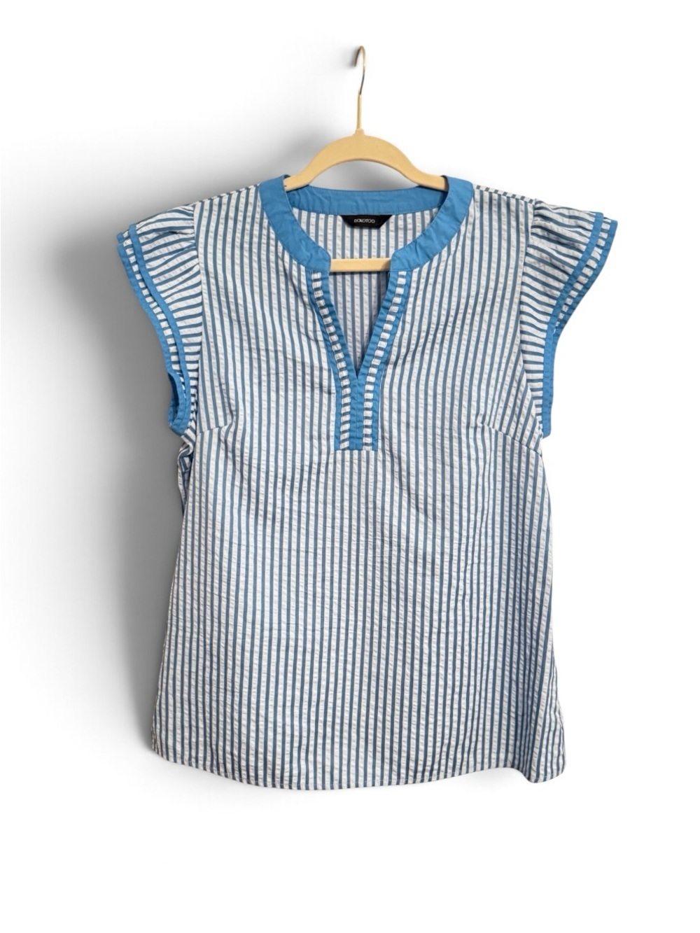 Dokotoo Striped Cap-Sleeve Tunic with Blue Trim - Women's Casual Top